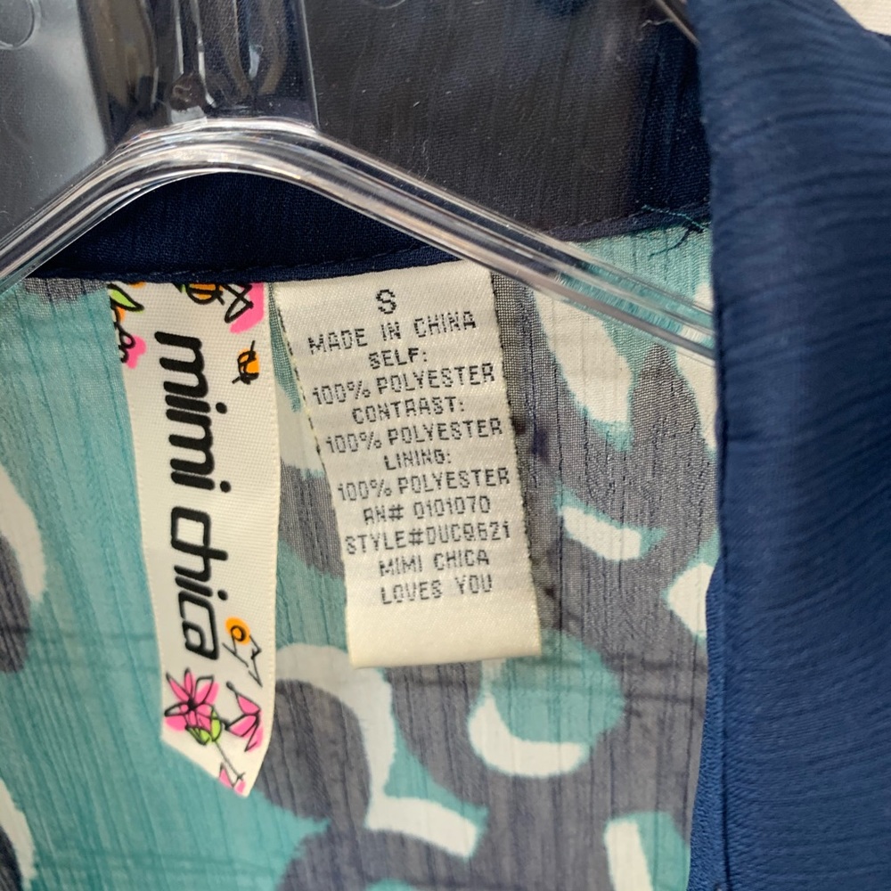 Mimi Chica Teal Navy Abstract Print Sleeveless Collared Button Front Dress Sz S - Picture 2 of 5